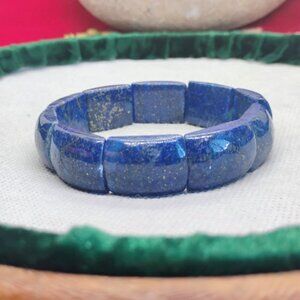 Chunky Blue Lapis Lazuli Bead Stretch Bangle Bracelet Large Rectangle Stones.